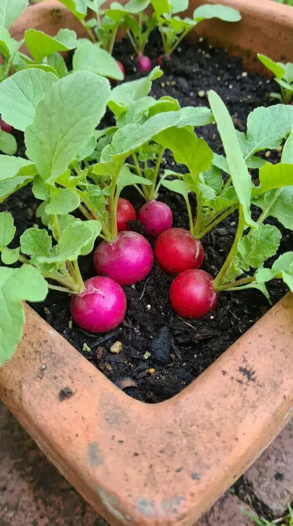 Bright pink and red radishes peeking out of dark soil in a terracotta patio container surrounded by green leaves.