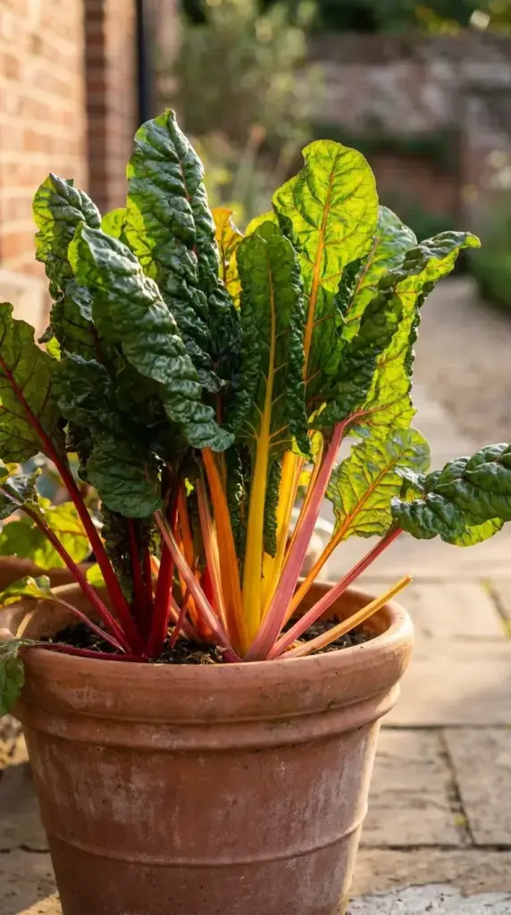 A large potted rainbow Swiss chard plant with bright red, yellow, and orange stems glowing in the golden afternoon sunlight.
