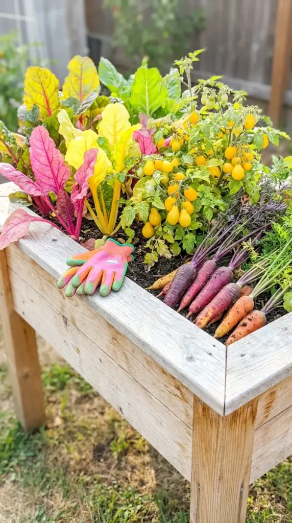 A kids raised garden bed filled with colorful purple carrots, neon Swiss chard, and yellow tomatoes.
