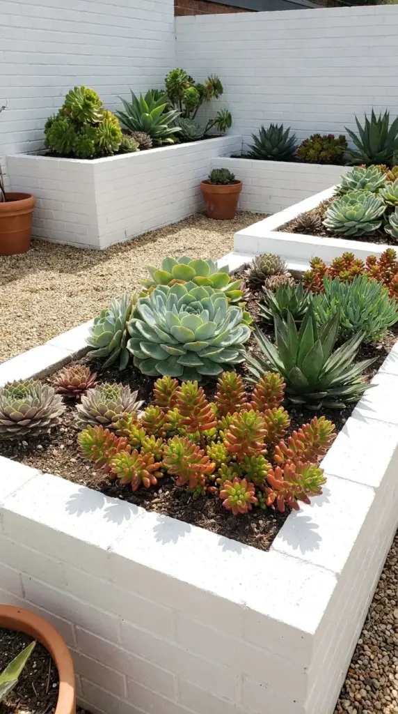 10 Small Garden Ideas for Chalky Soil That Thrive Because of Chalk—Not Despite It 3 Modern white brick raised garden beds filled with drought tolerant sedums and structural succulents.