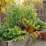 A lush wooden raised garden bed filled with vibrant fall vegetables like leafy greens and rainbow chard growing in a sunny backyard space.
