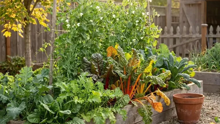 A lush wooden raised garden bed filled with vibrant fall vegetables like leafy greens and rainbow chard growing in a sunny backyard space.