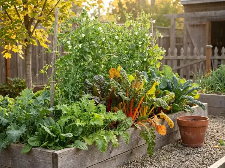 A lush wooden raised garden bed filled with vibrant fall vegetables like leafy greens and rainbow chard growing in a sunny backyard space.