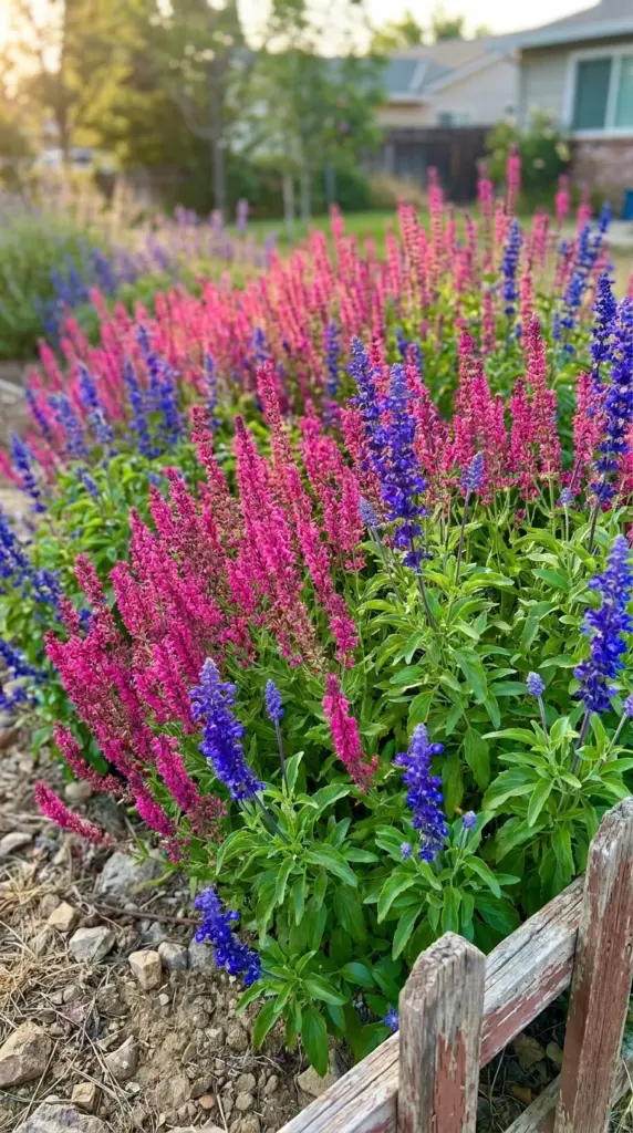 10 Small Garden Ideas for Chalky Soil That Thrive Because of Chalk—Not Despite It 3 Vibrant perennial border packed with bright pink and deep blue salvia flowers growing in a small backyard.
