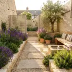 A thriving small garden with vibrant purple salvias and lavender growing beautifully in pale, rocky, chalky soil.