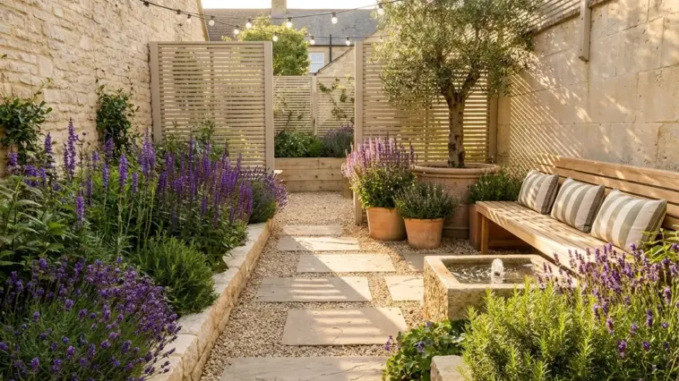 A thriving small garden with vibrant purple salvias and lavender growing beautifully in pale, rocky, chalky soil.