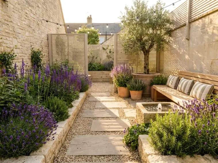 A thriving small garden with vibrant purple salvias and lavender growing beautifully in pale, rocky, chalky soil.