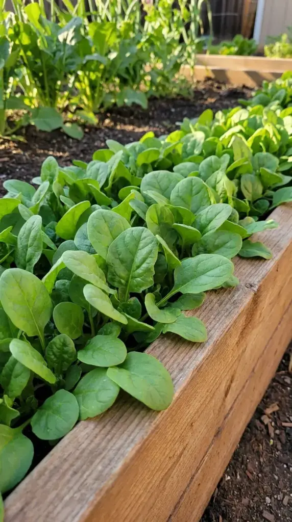 A dense row of bright green spinach leaves growing along the wooden edge of a backyard raised garden bed.
