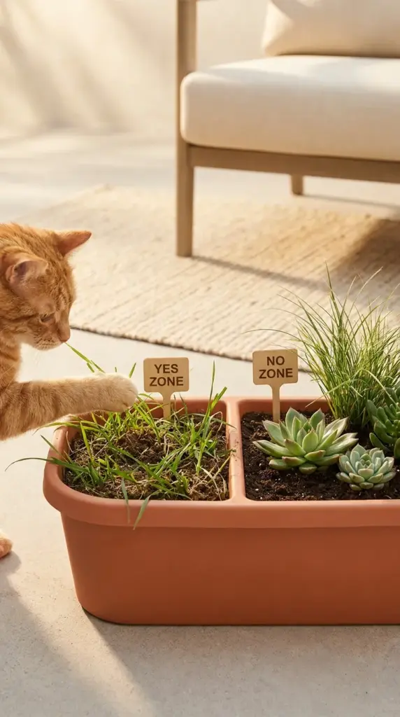 A cat-smart garden layout demonstrating a designated yes zone with cat grass next to untouched patio plants.