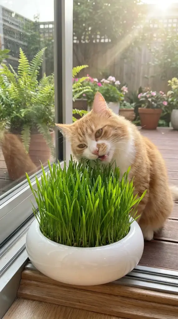 A fluffy cat happily eating out of a heavy ceramic cat grass planter placed strategically by a patio door.