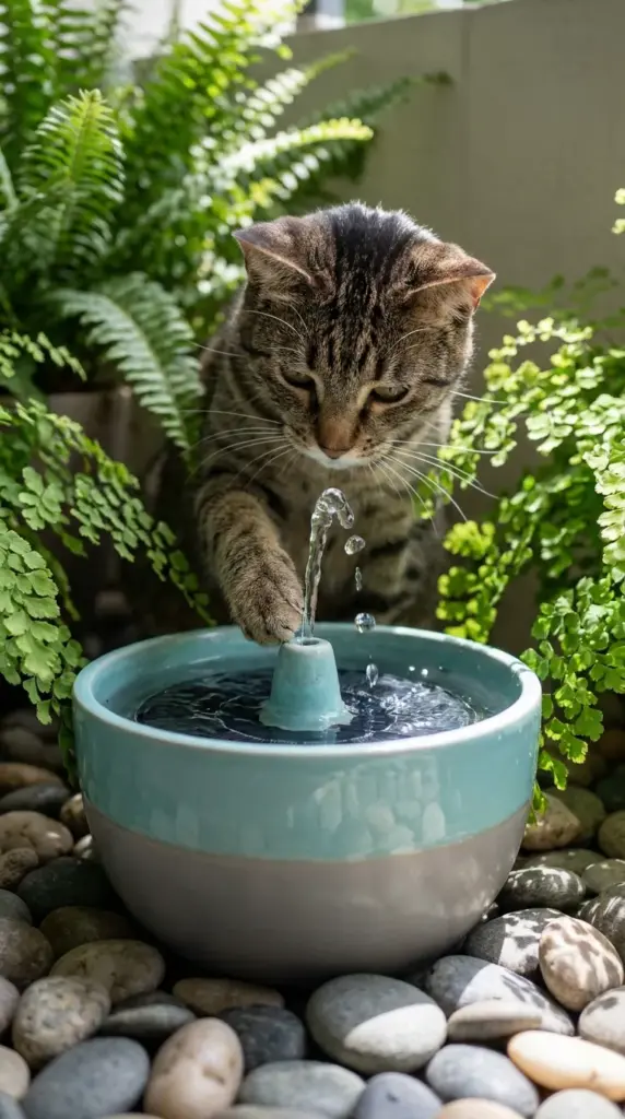 A curious cat playing with a small bubbling ceramic solar fountain designed as an interactive pet water feature in a garden.