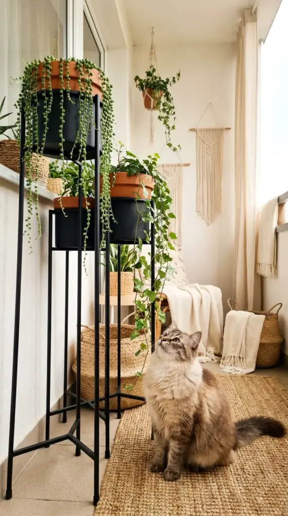 Tall modern plant stands keeping delicate trailing plants safely out of reach of a curious cat on an urban balcony.