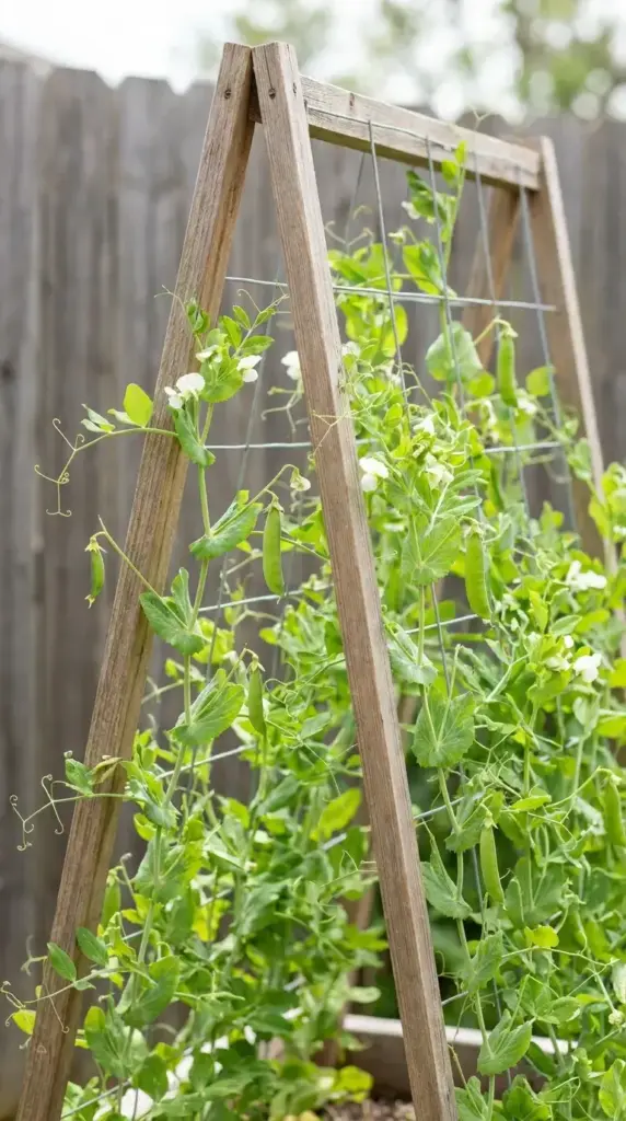 Green sugar snap pea vines with curling tendrils and white flowers climbing up a wooden garden trellis.