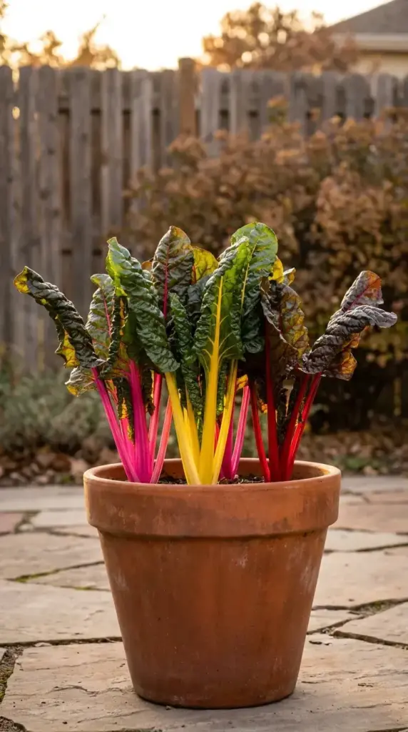Brightly colored pink and yellow Swiss chard stems growing in a terracotta pot on a stone patio during the fall.