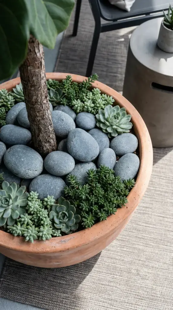 A dig-proof planter base covered in heavy decorative river rocks and dense succulents to deter cats from digging.