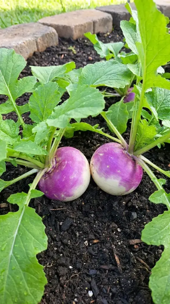 Two purple and white turnips pushing out of the dark soil surrounded by healthy green leaves in a home vegetable garden.