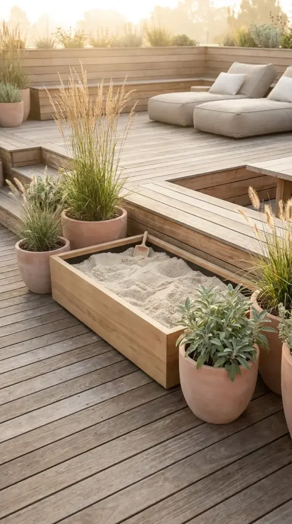 A designated outdoor sand pit for cats concealed beautifully behind tall ornamental grasses on a modern deck.