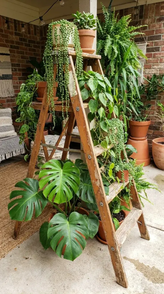Tiered plant stand using a vintage wooden ladder for a lush small patio corner.